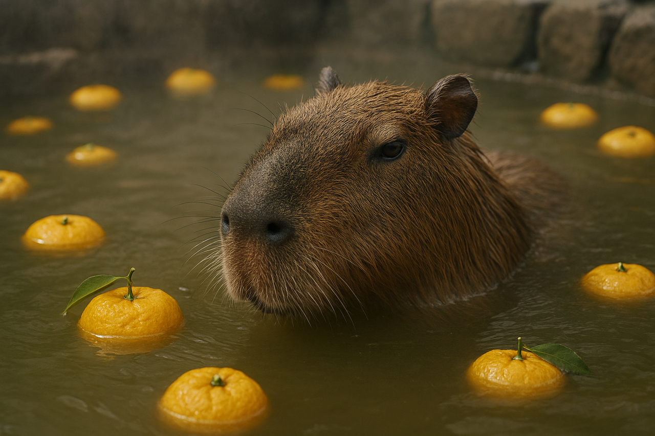 AI画像：ゆず湯とカピバラ